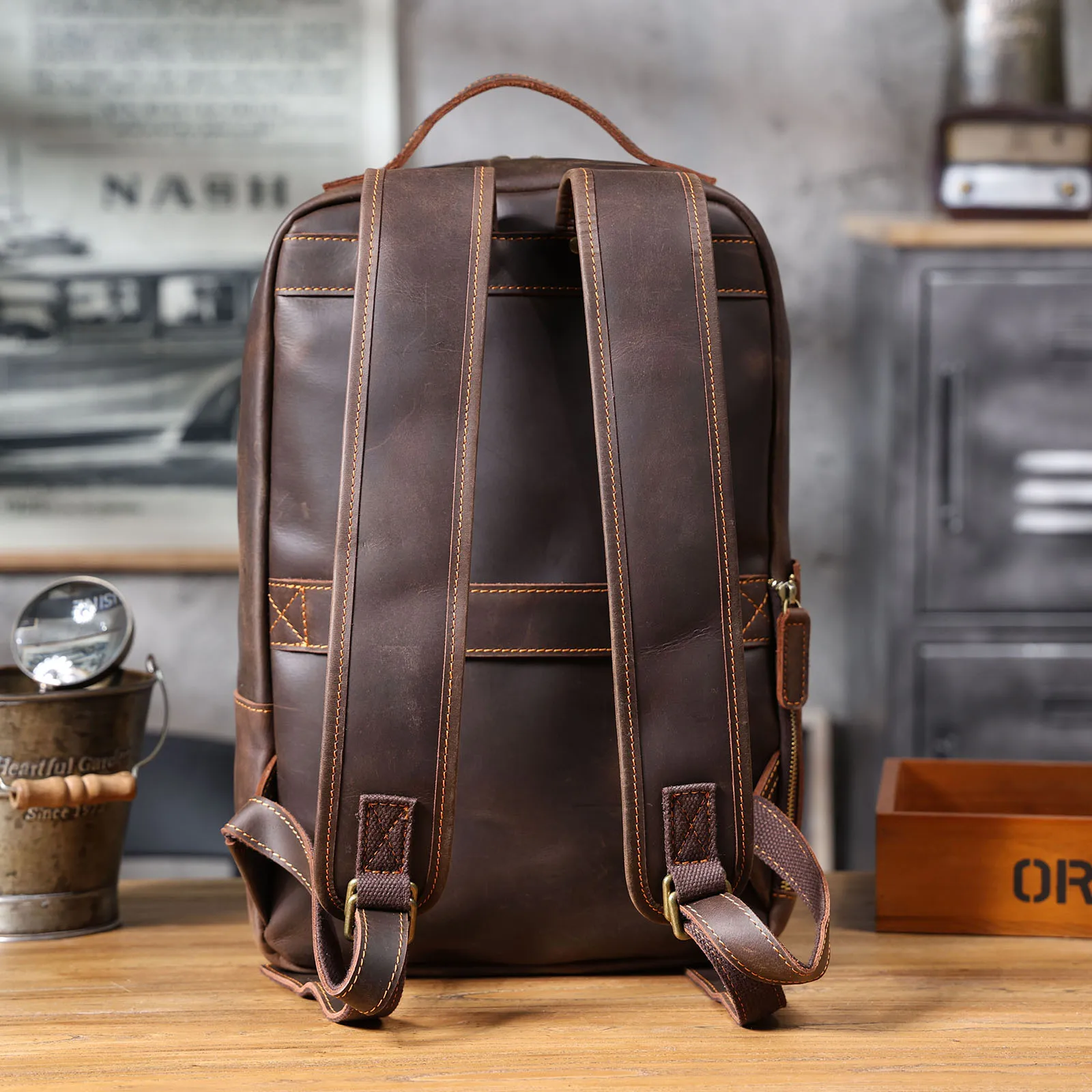 S.WORKER Vintage Echtleder-Rucksack 16“ Laptop-Tasche Crazy-Horse-Leder Schultasche Outdoor-Reise-Weekender-Schultertasche – Detail 10