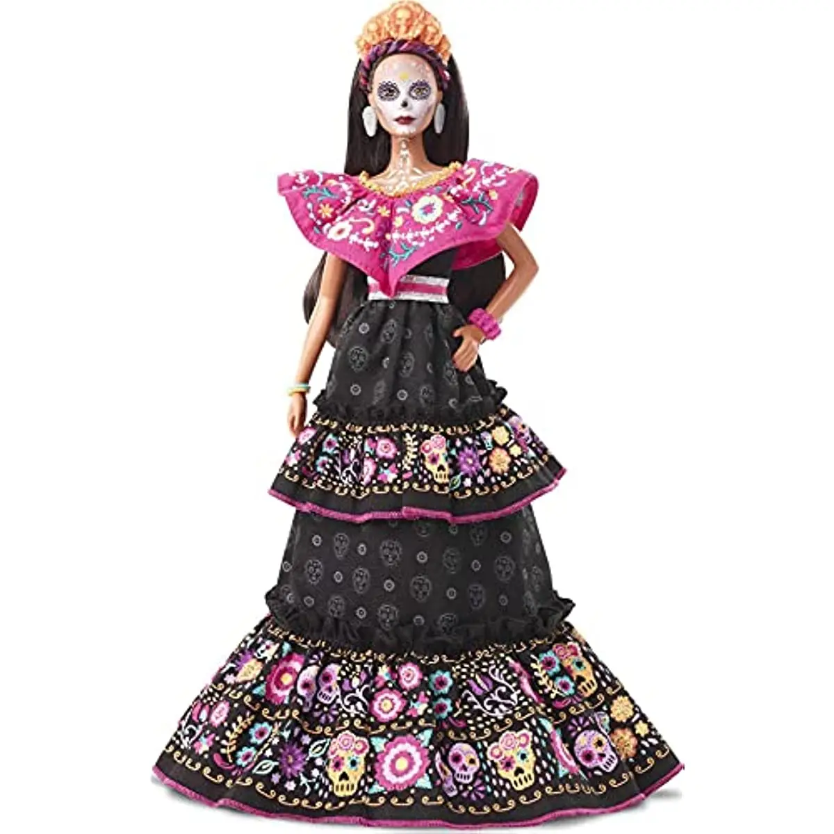 

Original Barbie 2021 Dia De Muertos Doll Wearing Embroidered Dress Flower Crown Calavera Face Paint Gift for Collectors