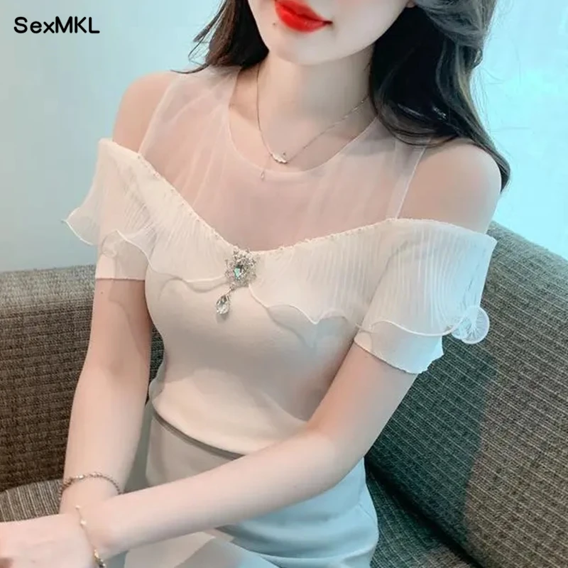 

Elegant Off Shoulder White Blouses Women Summer 2025 Korean Fashion Y2k Clothes Slim Ruffles Shirts Sexy Ladies Casual Crop Tops