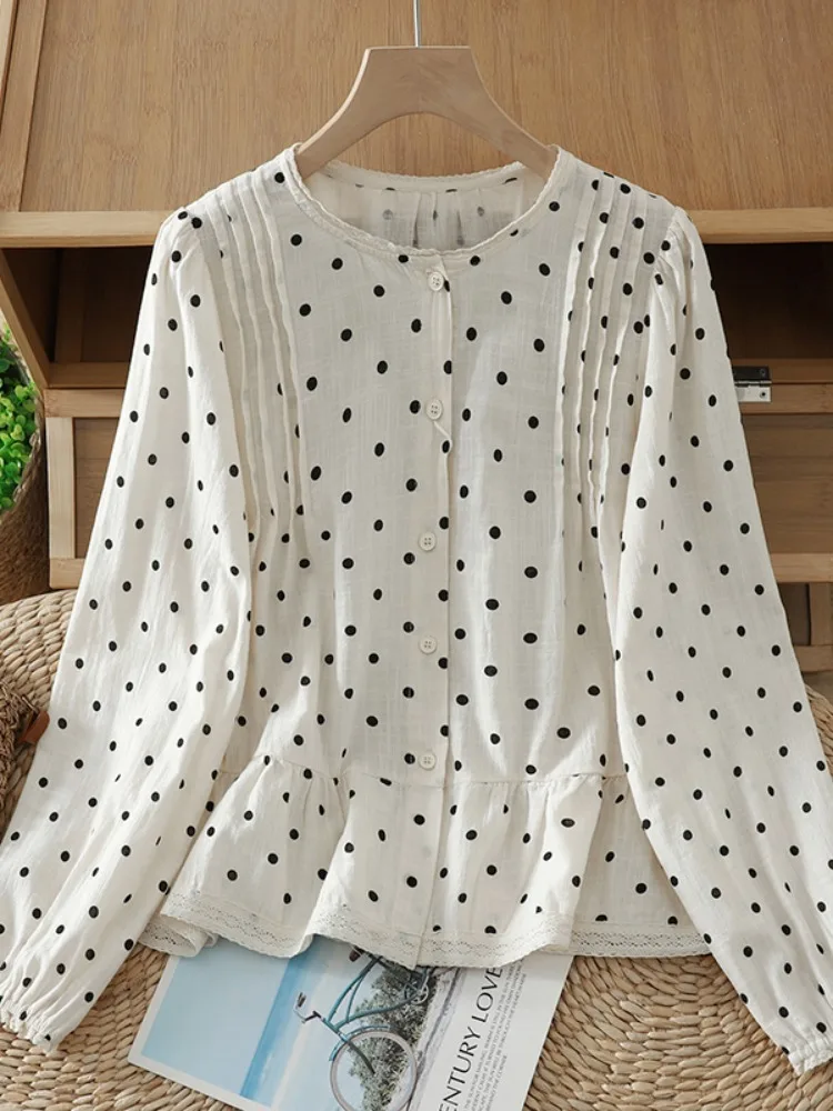 

Повседневная женская свободная блузка с круглым вырезом, в горошек, с кружевной отделкой, с длинным рукавом, модная, универсальная, в корейском стиле, дышащая