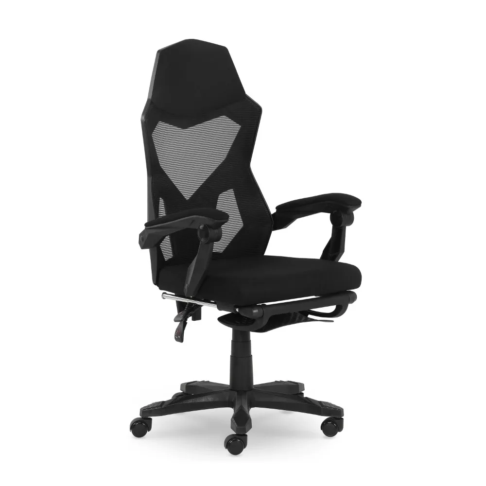 

Игровой офисный стул с выдвижной подставкой для ног, черная тканевая обивка