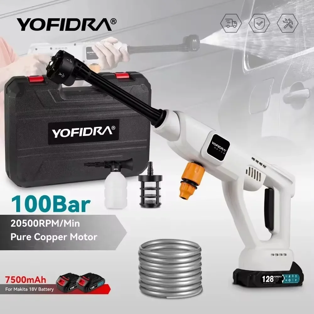 YOFIDRA 20500 rpm 100Bar Electric High Pressure Washer Gun 6IN1 Car Wash Water Gun Garden Spray Gun for Makita 18V Battery