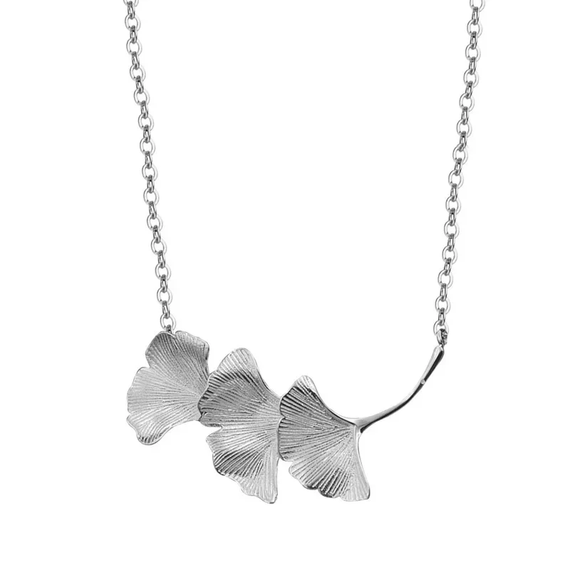 Silver Color Large Ginkgo Leaves Biloba Necklaces & Pendants For Women Retro Style Lady Accessories E437