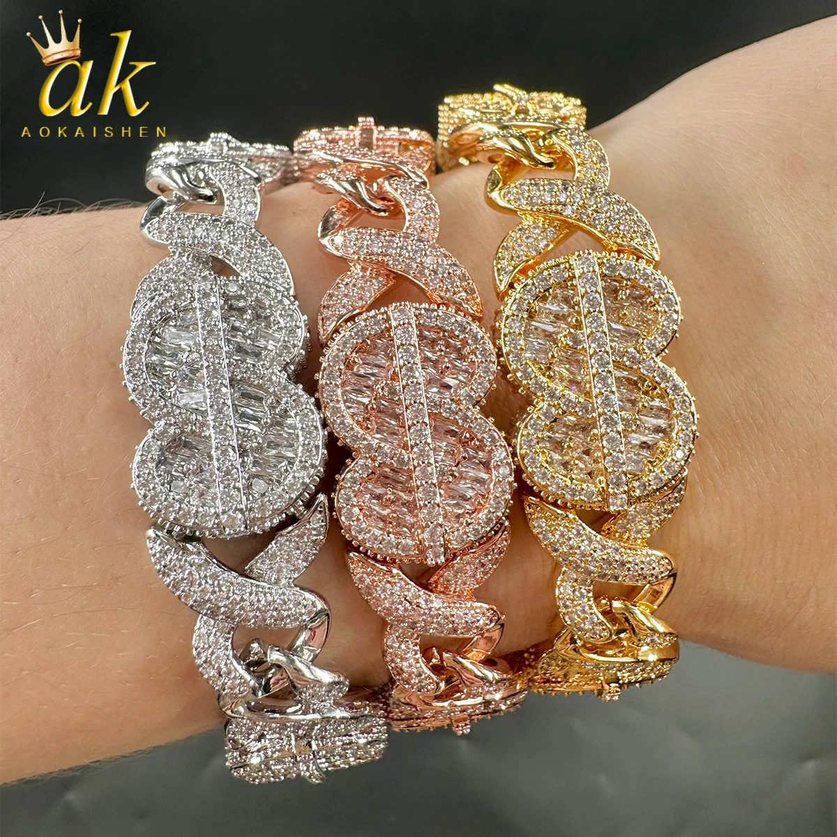 Aokaishen Inifinity Cuban Link Bracelet for Women Iced Out Baguette Real Copper Gold Plated Hip Hop Jewelry