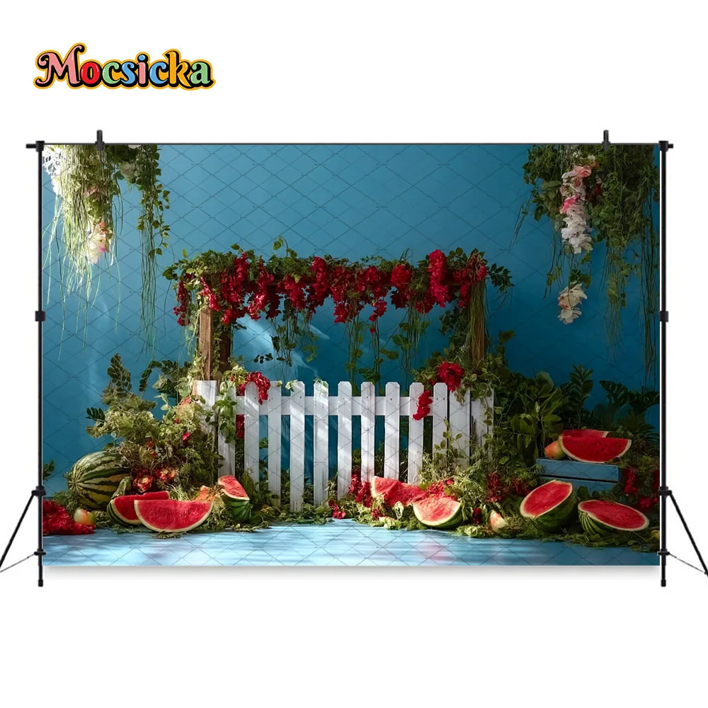 Mocsicka Summer Watermelon Garden Photography Backdrop Red Flower Fence Background Baby Shower Kid Birthday Party Photo Studio