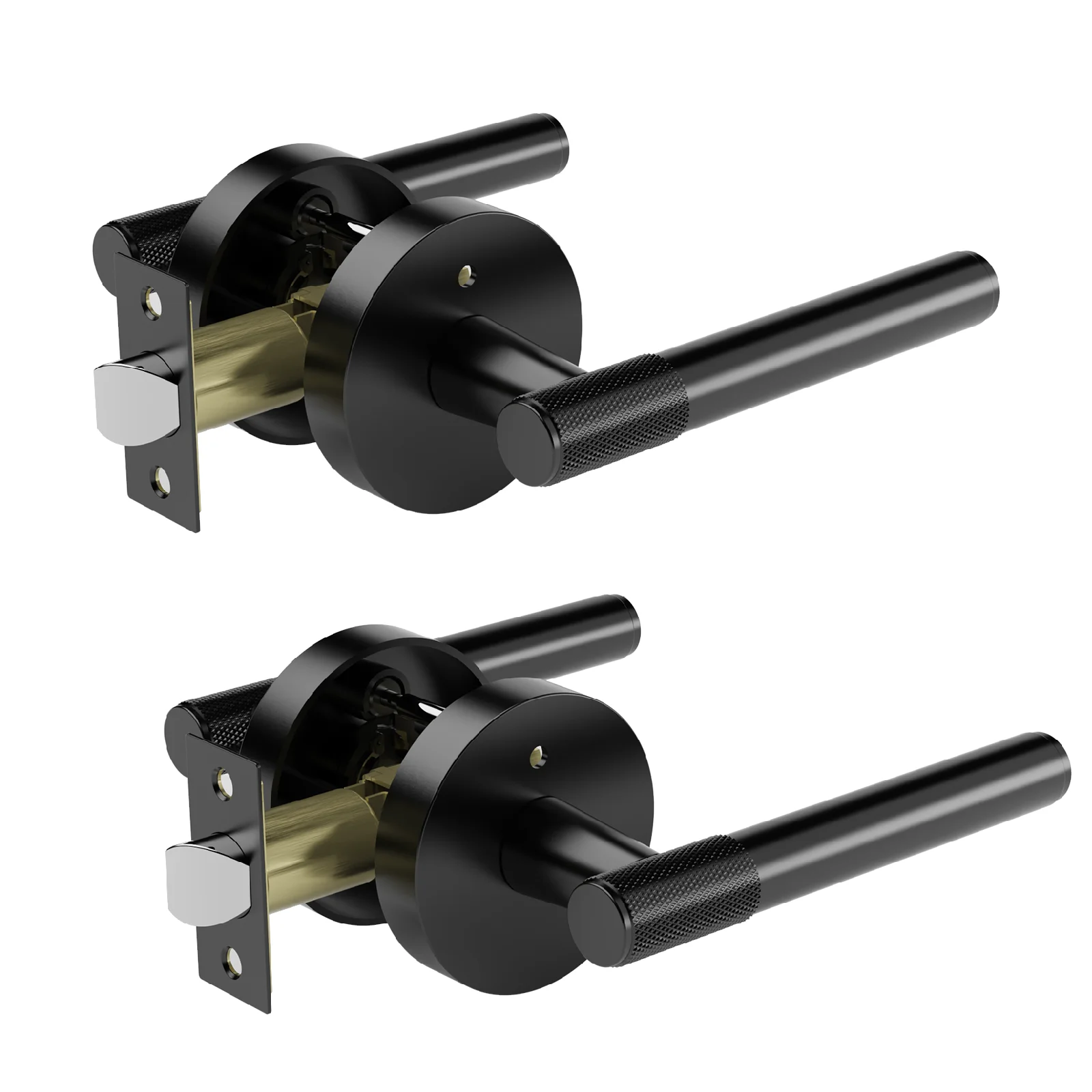 

Viladepot 2PCS Privacy Door Handle Front Knurled Handle Lever Matte Black Round Base Bedroom Bathroom Door Lock Reversible