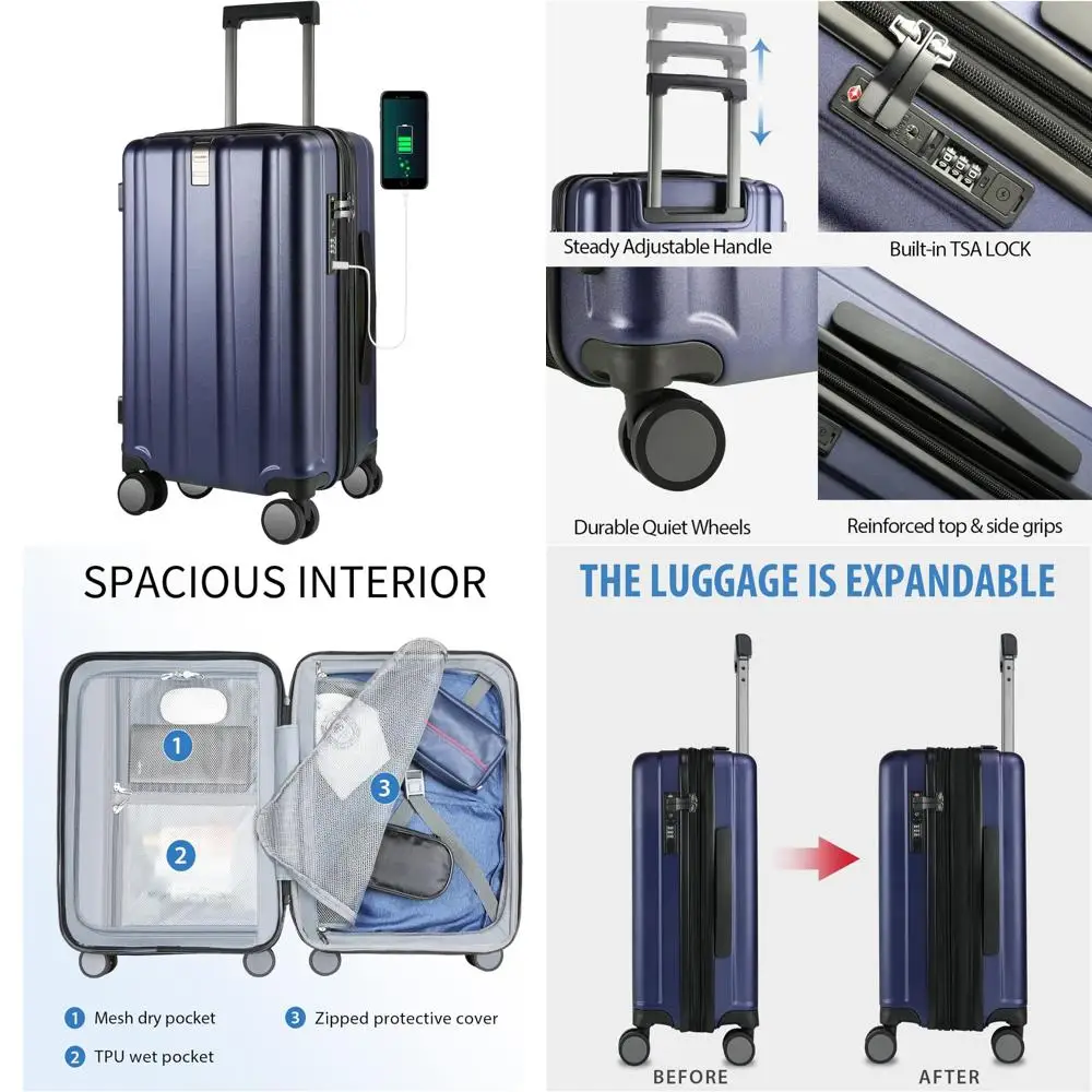 

Expandable Hardside Spinner Luggage with Built-in TSA Lock, Durable Rolling Suitcase for Travel with USB Port, Long-lasting Carr