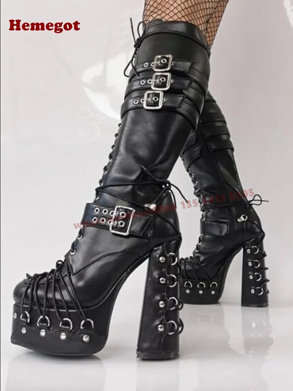 Rivet Cross Straps Chunky Heels Boots Black Spicy Girls Round Toe Platform Buckle Gothic Knee High Boots Leather Winter Shoes
