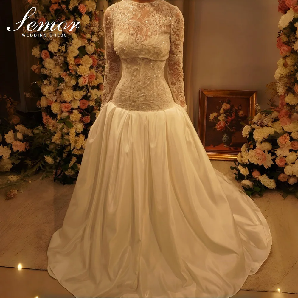 Semor Luxury Off White Detachable Two Piece Wedding Dresses Dubai Full Sleeve Full Sleeve High Neck Satin Bride Gowns Customized