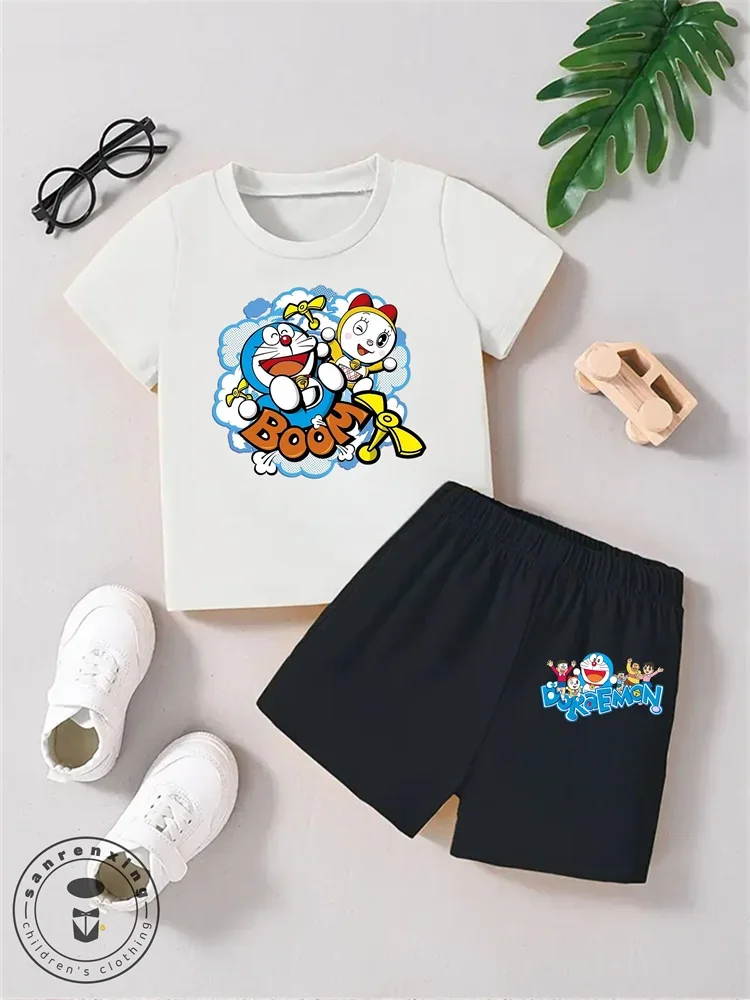 

New Anime Cartoon Kids 4-14 Years Old Kawaii Boys Girls Doraemon Summer Short Sleeve Stitch Fashion Casual Street T-shirt Set