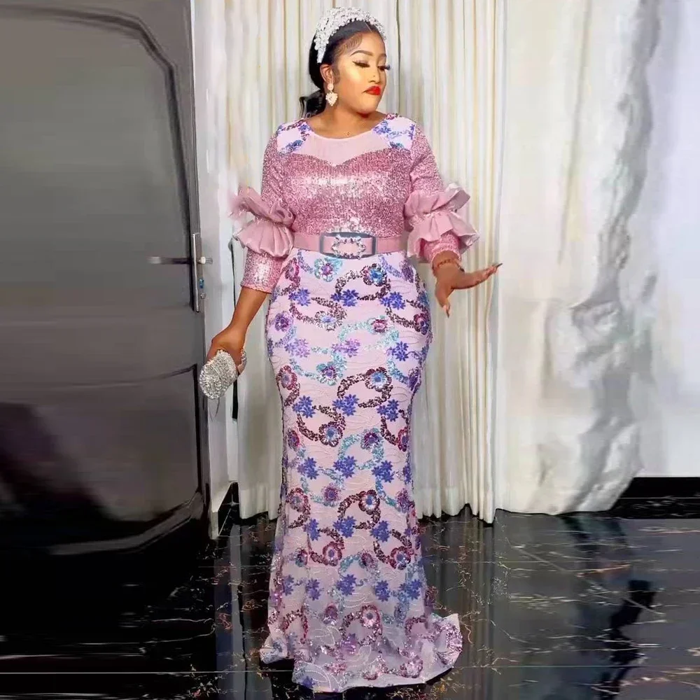 Роскошное африканское платье больших размеров с блестками для женщин, элегантные женские вечерние платья с поясом, сексуальное женское облегающее платье для свадебной вечеринки