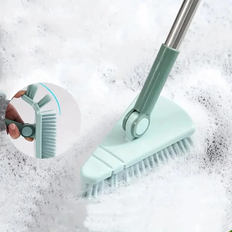 A long handled hard bristled triangular floor brush, bathroom tile gap cleaning brush