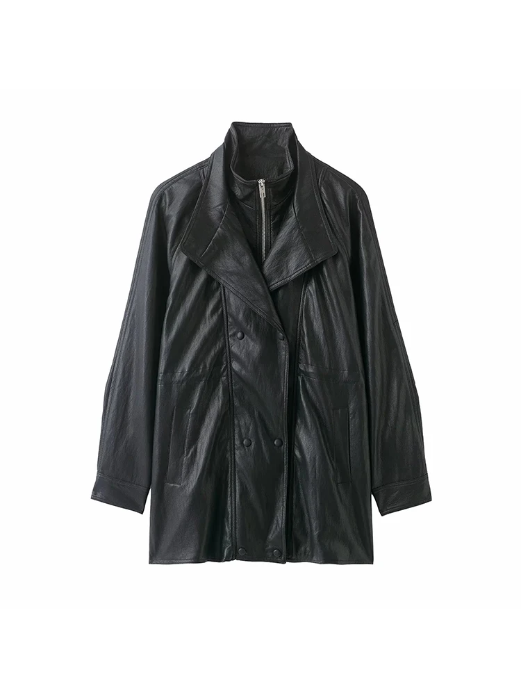 

Women Retro Short Leather Jacket Women Black Chic Stand Collar Zipper Pocket Cinched-waist Jackets Lady Daily Highstreet Coat