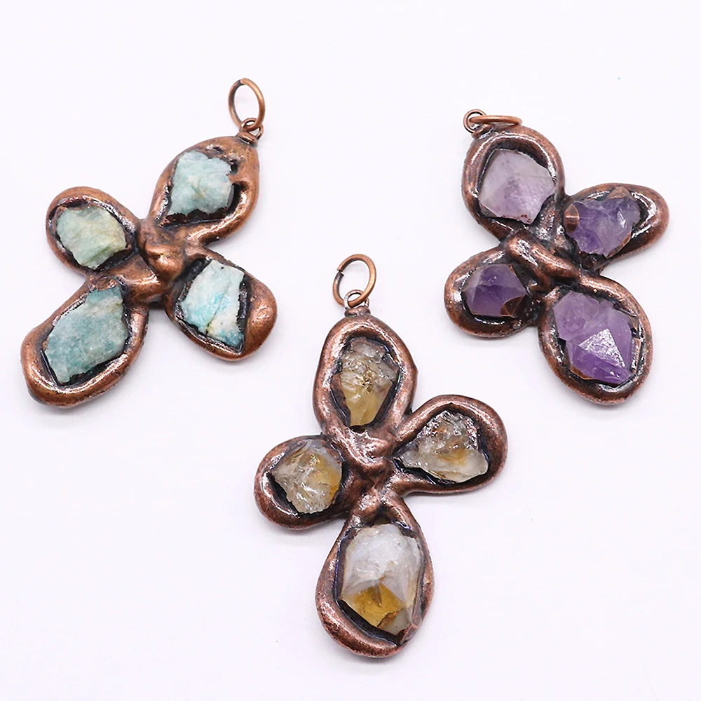 

Natural Stone Pendant Antique Copper Hoop Irregular Cross Quartz Amethyst Pendants for Jewelry Making DIY Necklace Accessories