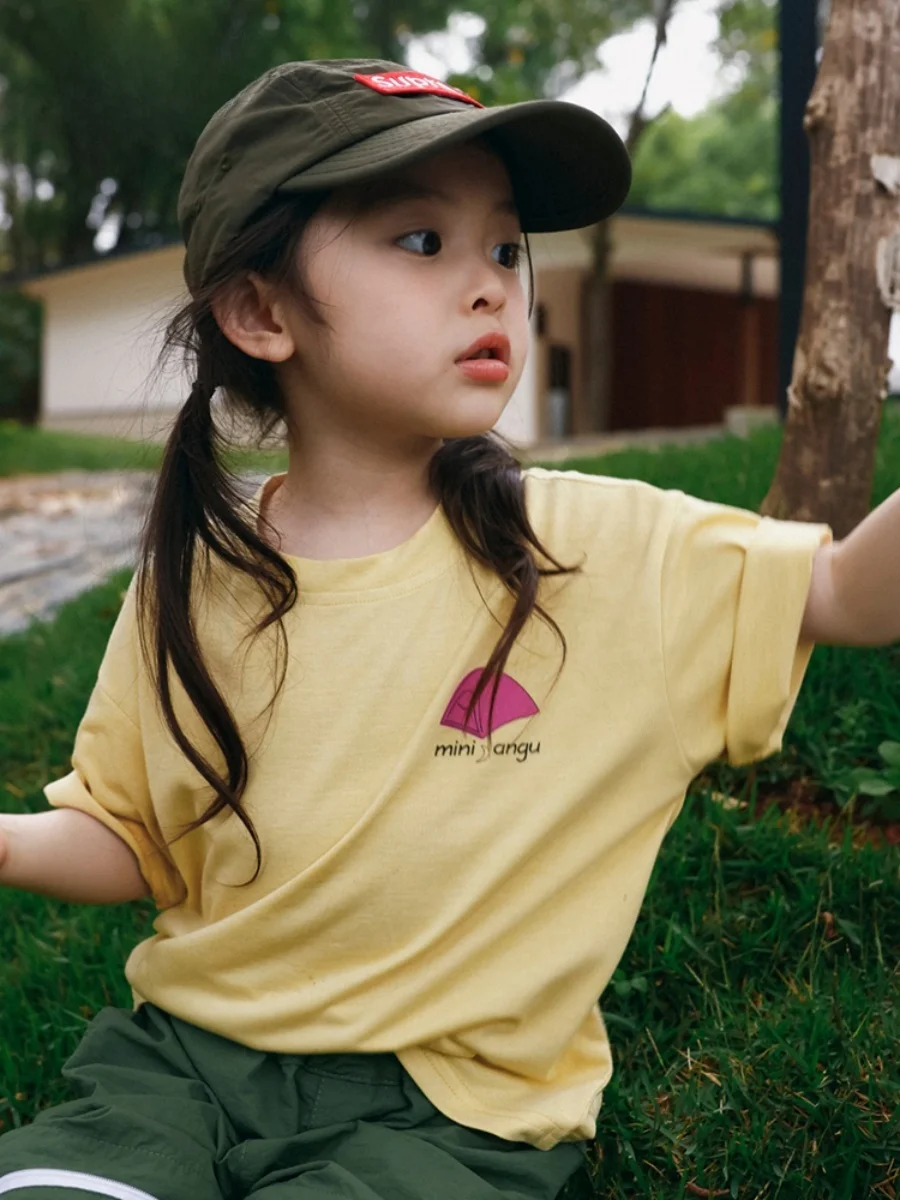 Loose Fit Unisex Kids' Short Sleeve T-Shirt Summer Outdoor Personality Print Casual round Neck Top for Children