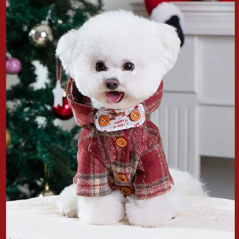 

Dog Coat Christmas Red Checkered Hooded Cat Coat Winter Warm British Style Dog Coat with Cute Buttons Hat Two-legged Clothing