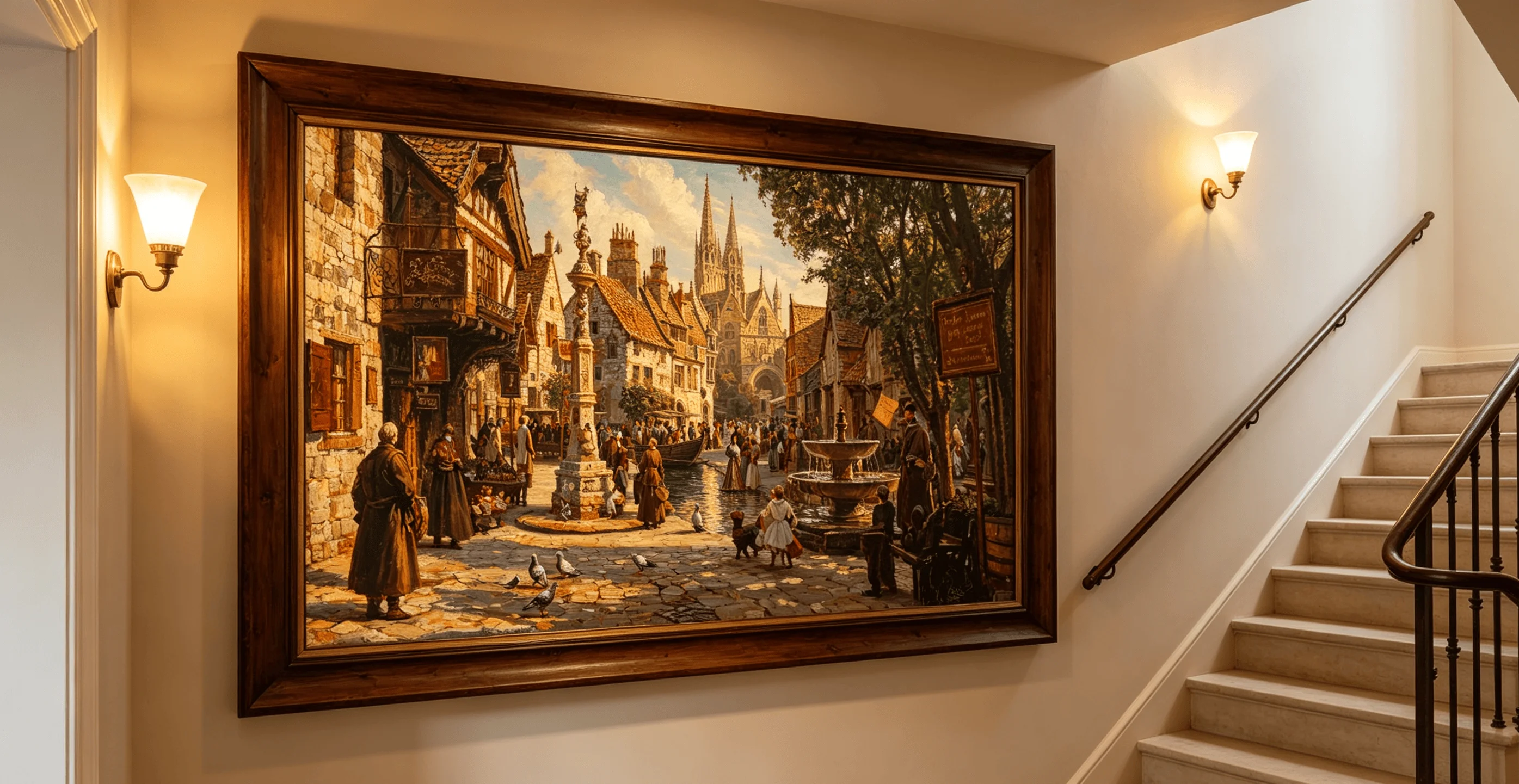 Vintage Medieval European Town Street Folder Art Print Canvas Retro Architecture Wall Decor for Living Dining Stair Unframed