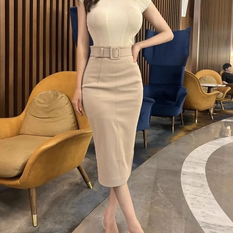 High Waist Belted  Skirt Sexy Bodycon Dongdaemun Huaeouting Women's Skirt Commute Sle Polyester Blend Mid-Length