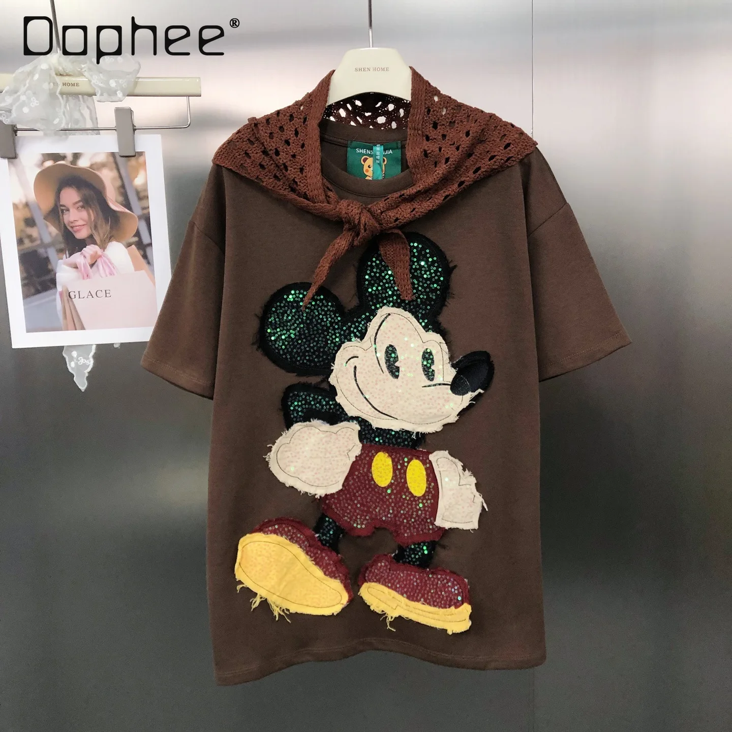 

Heavy Embroidery Cartoon Sequin Patch Short Sleeve T-Shirt Women 2025 Summer New Cotton Loose Round Neck Top Vintage Clothes