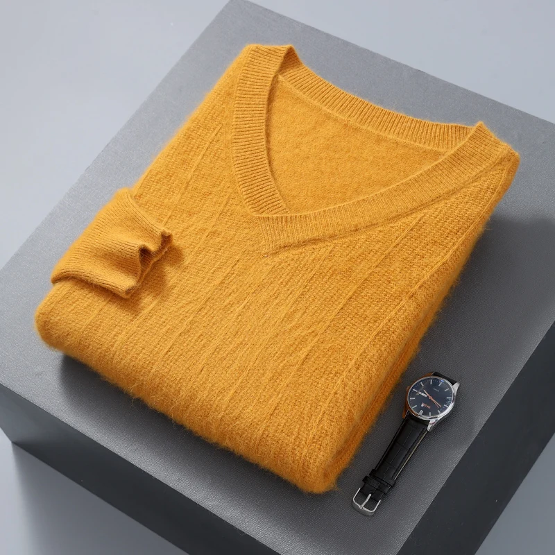 2023 Autumn/Winter New Men\'s 100% Mink Cashmere Sweater Solid V-neck Pullover Comfortable Thickened Warm Sweater Korean Editions