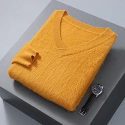 2023 Autumn/Winter New Men's 100% Mink Cashmere Sweater Solid V-neck Pullover Comfortable Thickened Warm Sweater Korean Editions