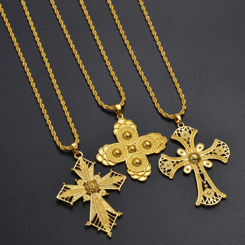 Anniyo Ethiopian Cross Pendant Necklaces for Women Girls Gold Color Habesha Eritrean African Ethnic Traditional Jewelry #346106