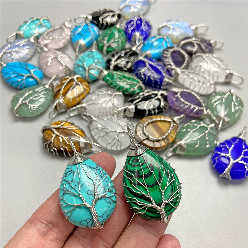 1Pc Water Drop Shape Natural Stone Pendant Handmade Life Tree Charm Pendants Gold Silver Color Wire Wrap Pendant for DIY 24x41mm