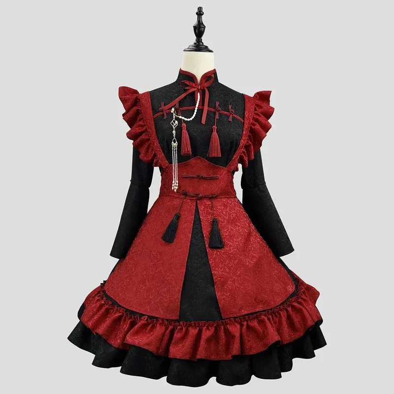 

Anime Lolita Red Black Chinese Relief Jacquard Cosplay Costume Girl Maid Dress Trending Party Costumes S -5XL ty'4
