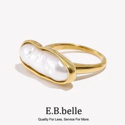 E.B.belle Long Strip Freshwater Pearl Ring 18K Gold Plated Stainless Steel Baroque Waterproof Jewelry Charm