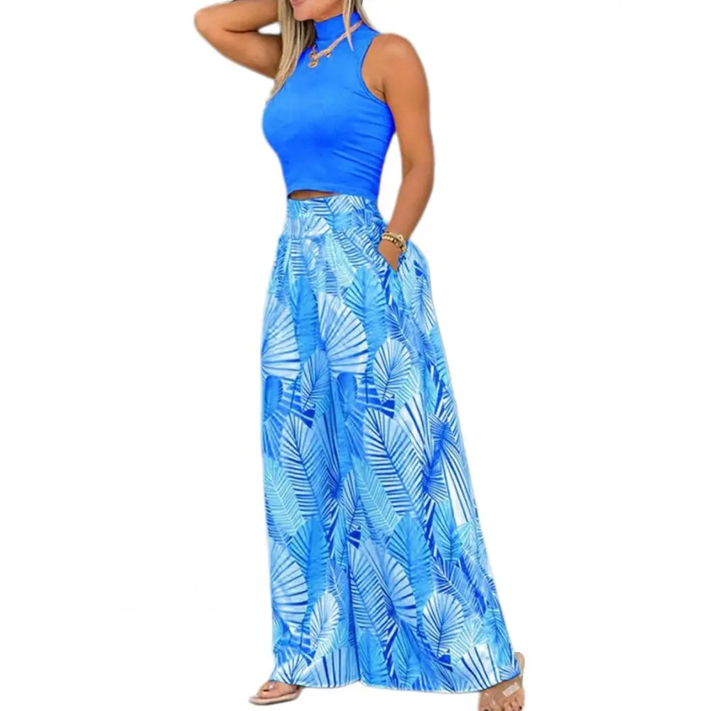 Wide-leg Trousers Set Floral Print Top Wide Leg Pants Set for Women Vacation Beach Crop Top Trousers Set with High for Ladies