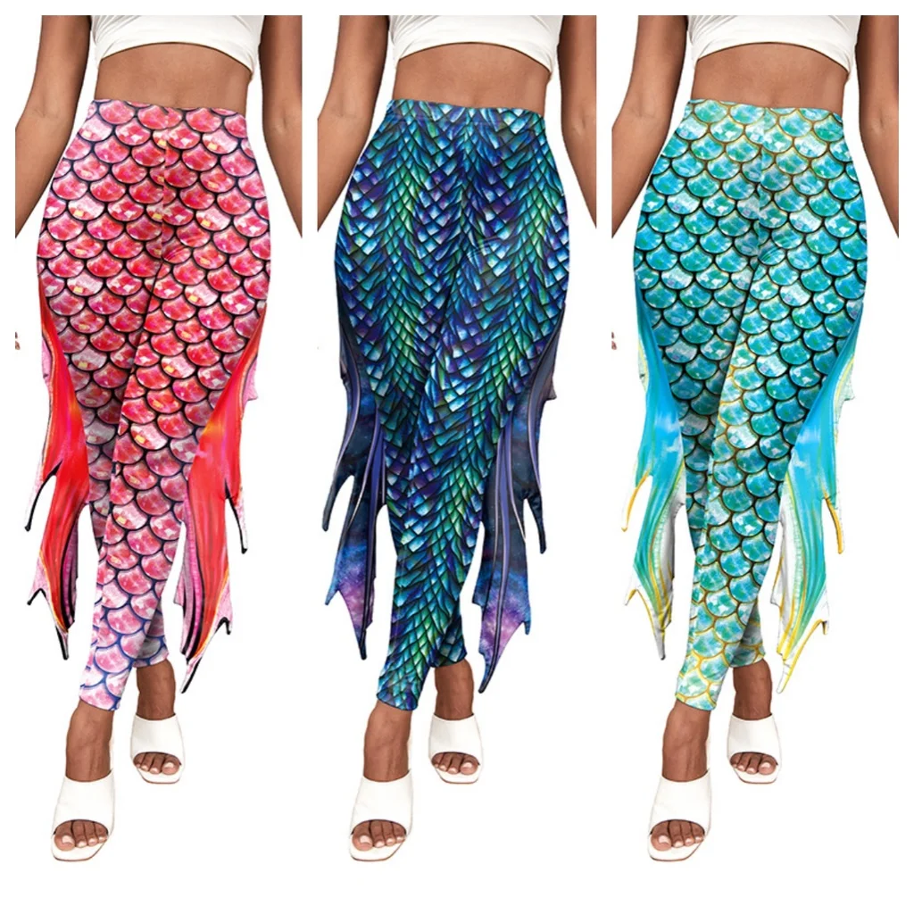 Women Fish Mermaid 3D Printing Halloween Cosplay Pants Adults Anime Party Role Play Dress Up Trousers