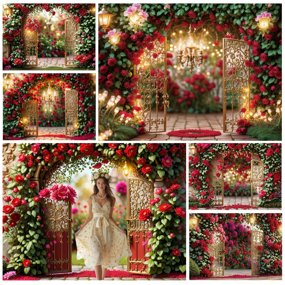 

MOON.QG February 14 Valentine'S Day Gate Rose Flower Garden Background Backdrop Photocall Studio Wallpaper Wedding Portrait