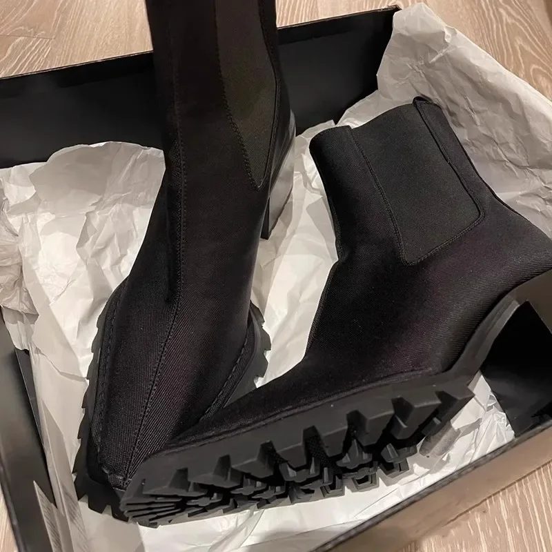 

Black Elastic Strap Botas Chunky Heel Ankle Boots Wear-Resistant Square Toe Women Shoes Slip-On Party Zapatillas De Mujer Autumn