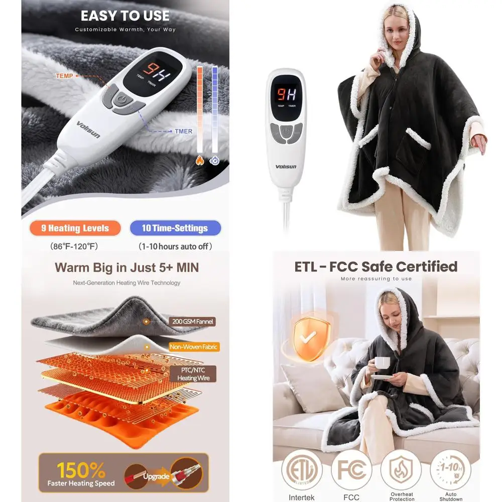 

Heated Electric Shawl Blanket with 9 Temperatures & 1-10 Hour Timer, Grey, Perfect for Women & Grandmas