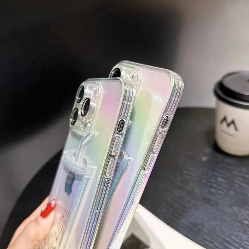 Fashion Milk Tea Cup Laser Quicksand Phone Case For iPhone 16 15 14 13 12 11 Pro Max Plus Transparent Gradient Shockproof Cover