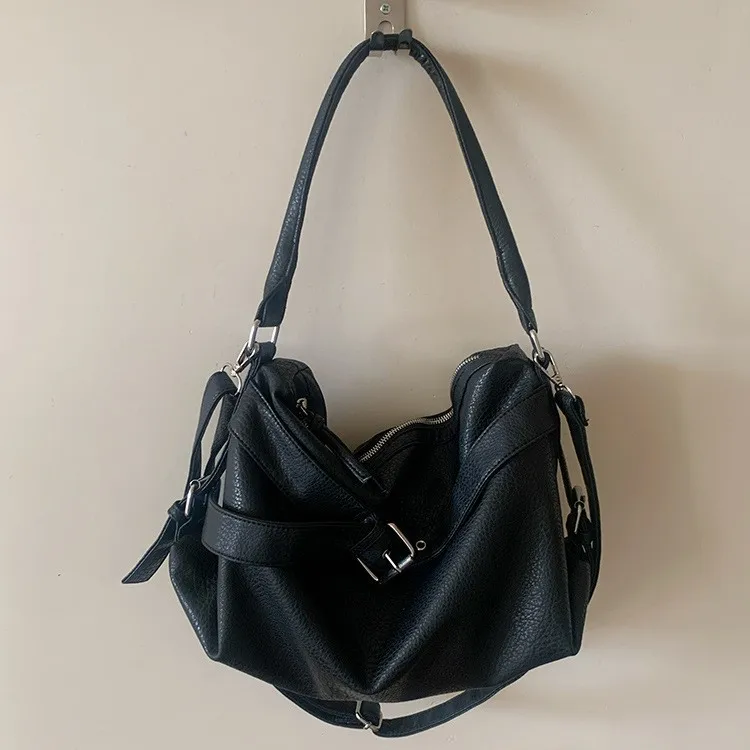 PU leather large-capacity motorcycle bag, hand shoulder bag, underarm bag, commuter crossbody tote bag
