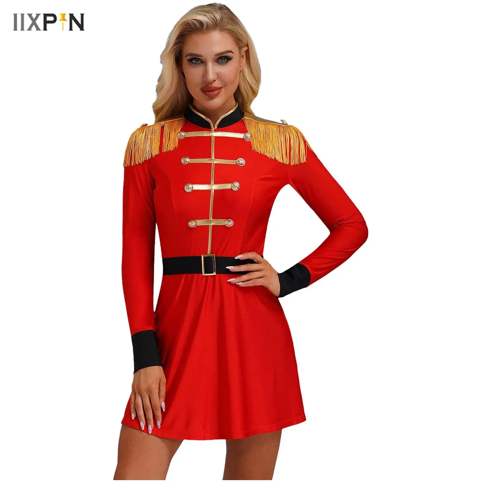 

Women Halloween Circus Ringmaster Lion Tamer Costume Long Sleeve Tassel Shoulder Dress with Belt Magician Dress Up Costume