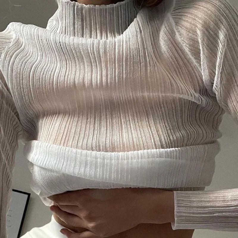 T shirt women 2026 fashion new long-sleeved mesh see-through solid-color high-neck slim-fitting tops tshirt women's clothing