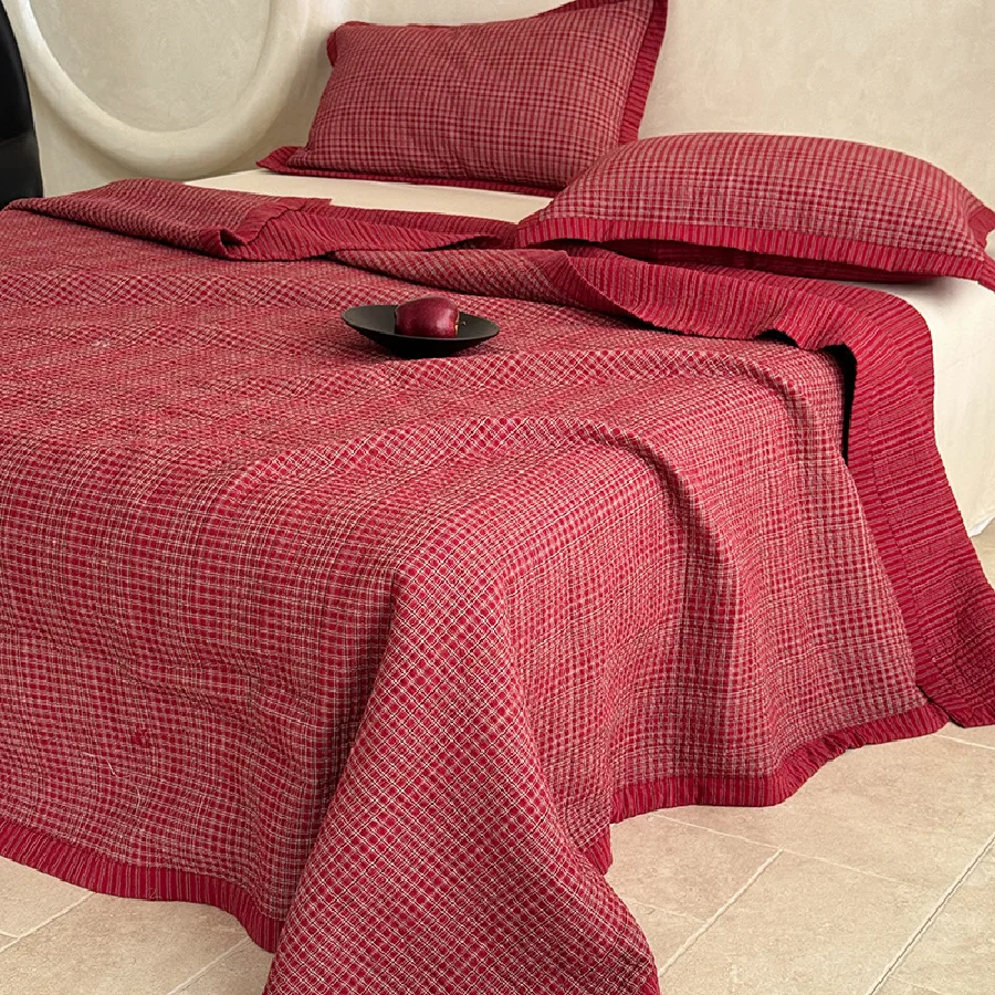 Hepburn Style Plaid Quilt Set, 100% Cotton Yarn-Dyed Bedspread Coverlet, 3-Piece Thickened Washed Cotton Bedding Set, Home Decor