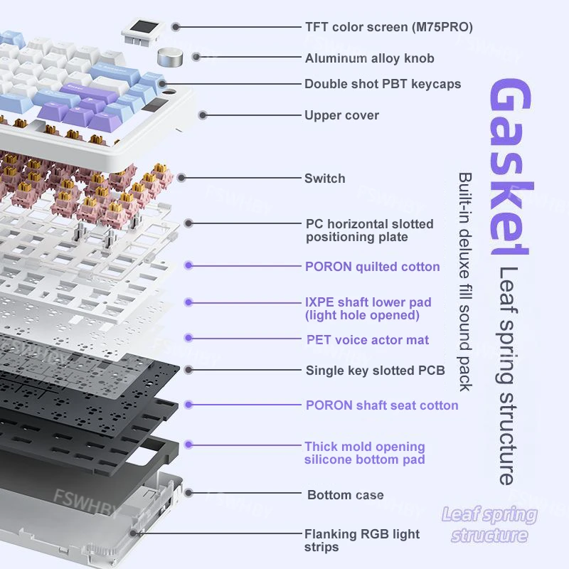 Imagem -06 - Pro Purple Custom Rgb Teclado Mecânico para Jogos para pc Display Oled e Botão Bluetooth 5.1 2.4ghz Usb Hot Swap M75