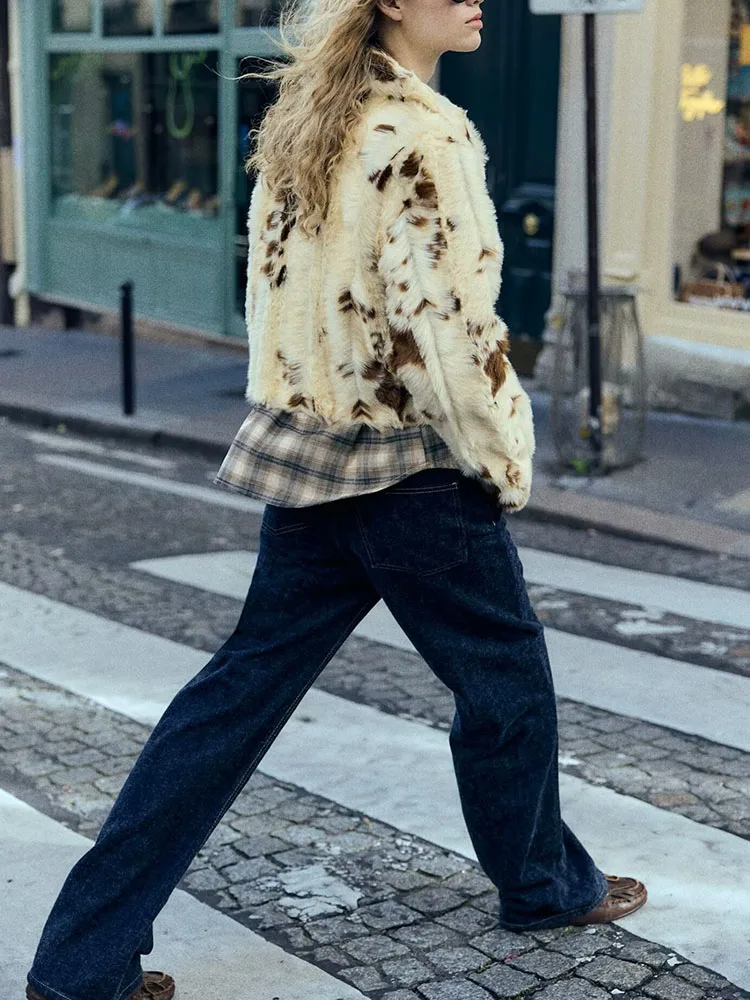 

Winter New Women's Versatile Print Long Sve Turn-down Collar Knitted Jaet No-button Design Commute Sle Single Piece