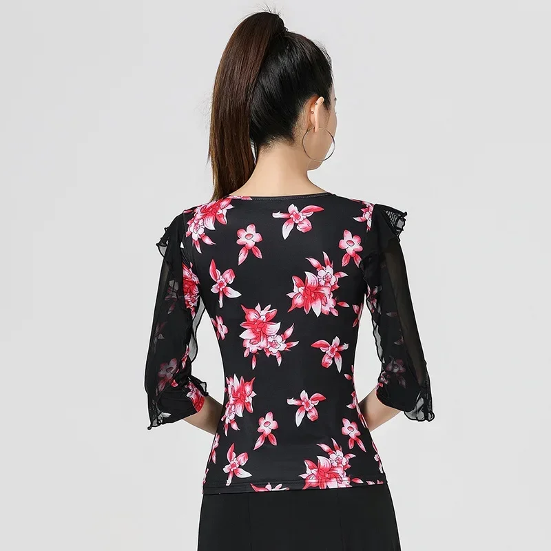 ملابس الرقص اللاتينية النسائية ذات الخط العلوي، فساتين الحفلات، ملابس التدريب في قاعة الرقص، قميص مطبوع، ملابس الرقص السامبا الحديثة #5