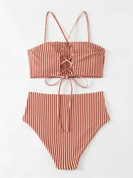 Retro bikini w paski krzyżowy sznurek z tyłu strój kąpielowy z wysokim stanem plażowe stroje kąpielowe stringi damskie 2-częściowe brazylijskie kostiumy kąpielowe bikini