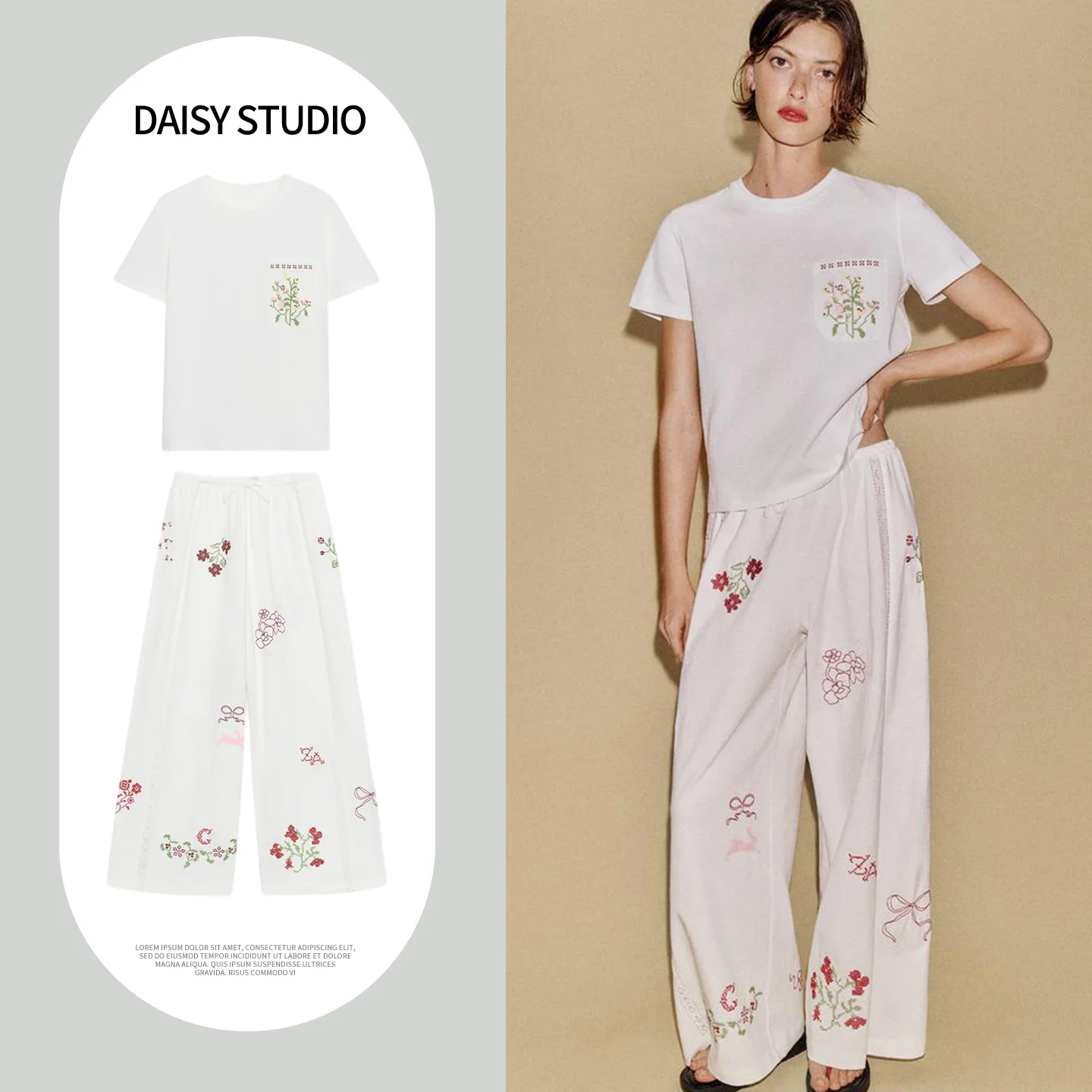 

Embroidered Decorative T-Shirt Short Sleeve round Neck Slim Fit Color Block Knot Long Pants Spring Fashion Set Women