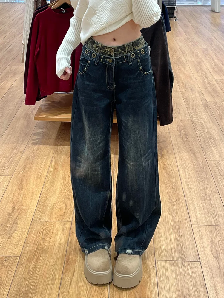 

plus Size American Style Spliced Rivet Straight Leg Jeans Women's Trendy Hot Pants Casual High Waist Denim Pants