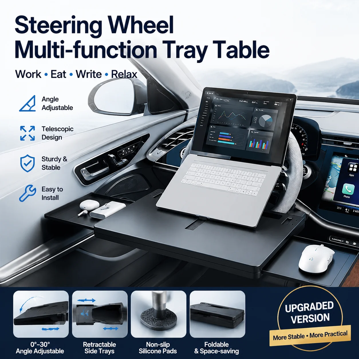 

Hipacool Car Steering Wheel Desk Portable Laptop Stand Holder Height Adjustable Car Tray Board Table Foldable Multifunctional