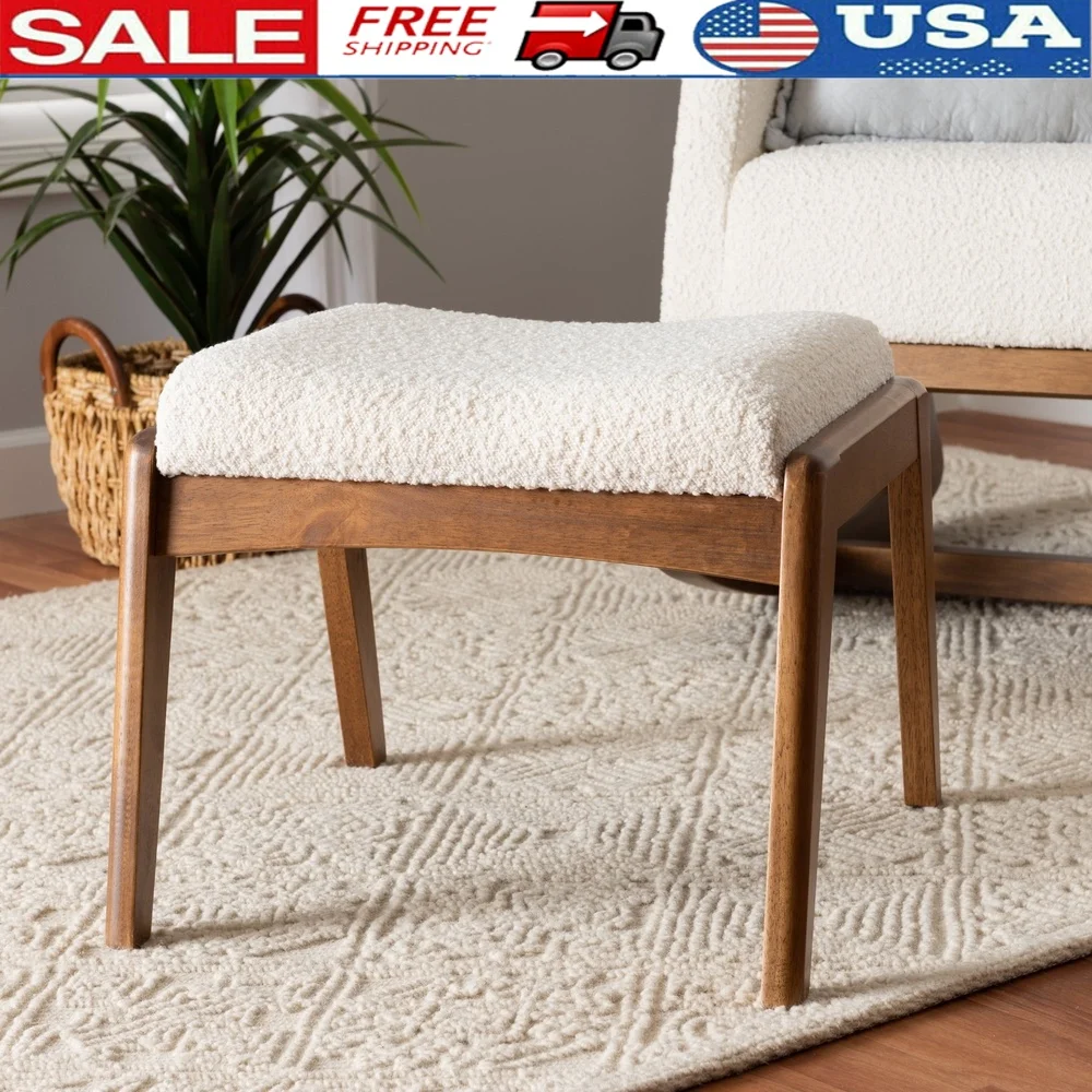 

Retro Style Off-White Ottoman Footstool Boucle Fabric Upholstered Engineered Wood Concave Cushion Angled Legs Indoor Assembly
