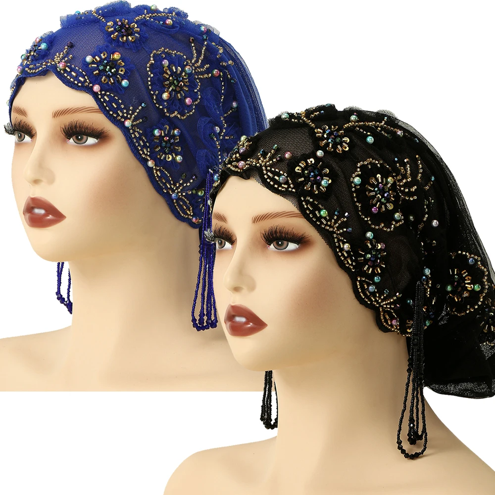 

Новейший женский кружевной тюрбан из бисера, мусульманский платок, шляпа с кисточками, сетчатые шапочки, головной убор для свадебной вечеринки, хиджаб, кепка Turbante Mujer