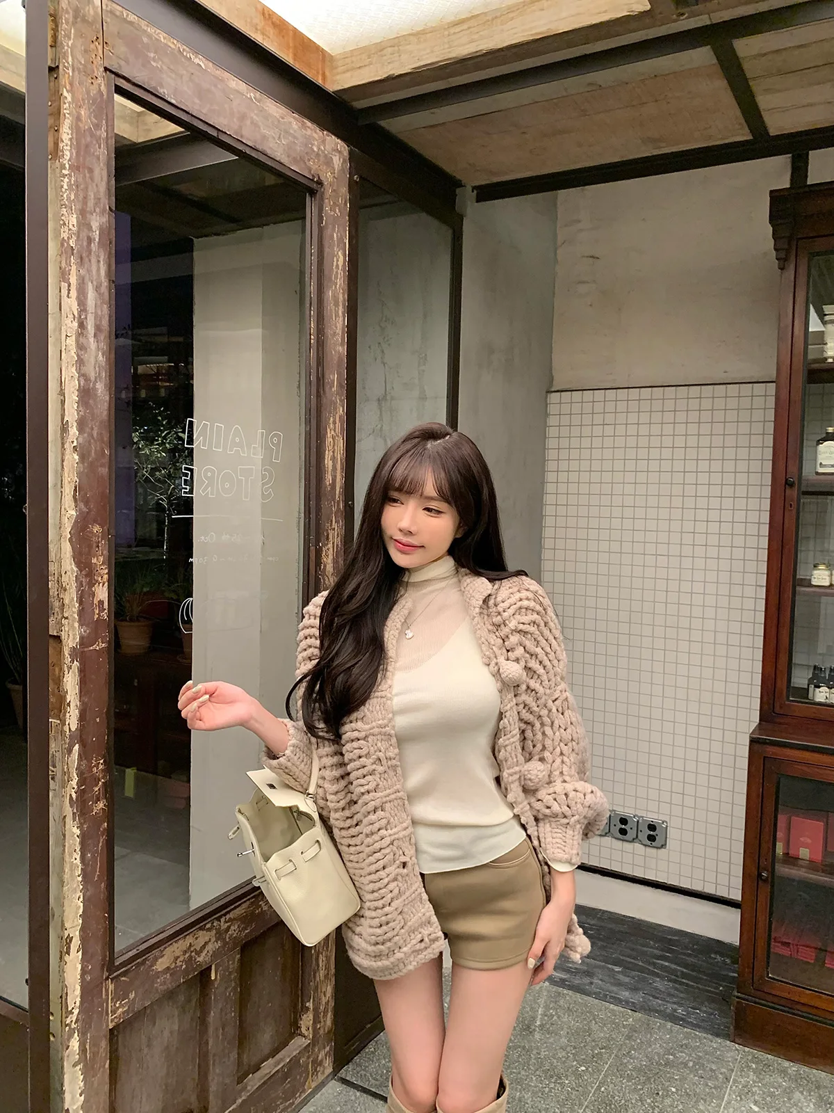 

Женский свободный вязаный кардиган Liuu ручной работы, модный осенне-зимний свитер с высоким воротником, длинными рукавами, средней длины