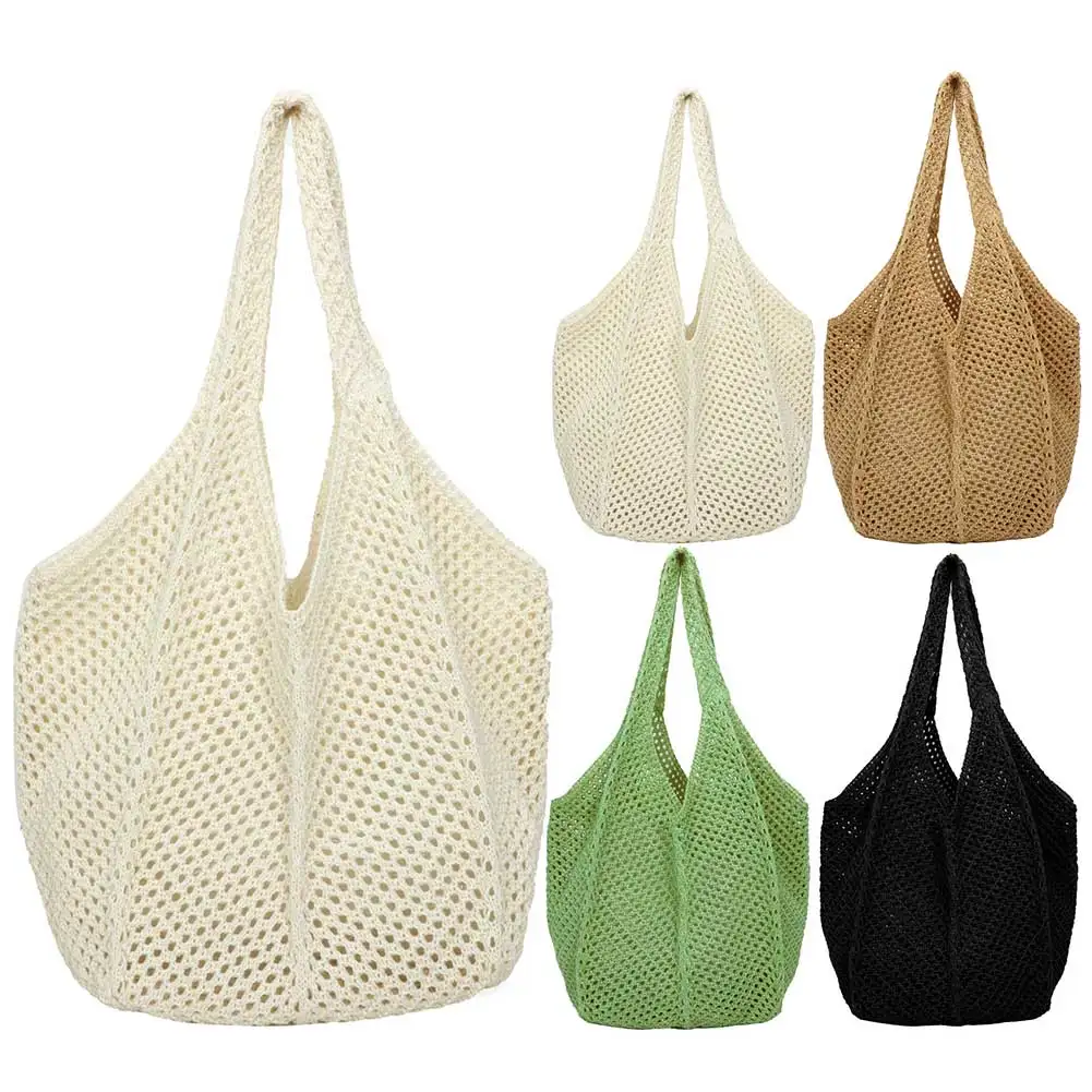 Women Crochet Tote Bag Fashion Knitted Bag Large Capacity Hollow Out Tote Bag Solid Color Simple Shopping Bag for Summer Beach